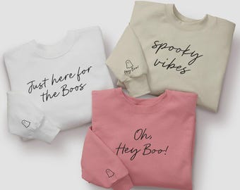 Embroidered Spooky Vibes Hanes Adult Sweatshirt – Women's Custom Ghost Cuff Crewneck – Cozy Halloween Sweatshirt for Her