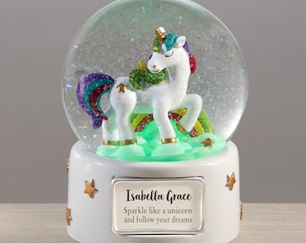 Unicorn Personalized Light Up Snow Globe , Gifts for Kids, Custom Nursery Decor, New Baby Gift, Custom Snow Globe, Water Globe