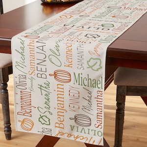 May include: A beige table runner with a repeating pattern of names and pumpkins. The names are Benjamin, Olivia, Michael, Kennedy, and Samantha. The pumpkins are orange and brown.