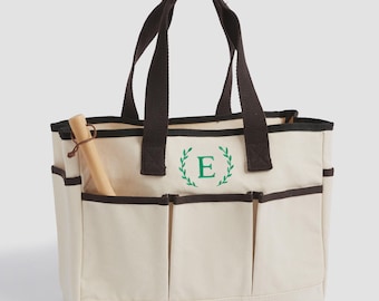 Personalized Garden Tool Tote Bag – Custom Laurel Initial Canvas Utility Tote – Embroidered Gardening Organizer Bag