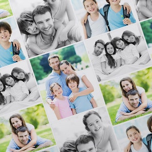May include: A collage of photos featuring a family of five. The photos are arranged in a grid pattern and show the family members in various poses and settings. Some of the photos are in color, while others are in black and white.