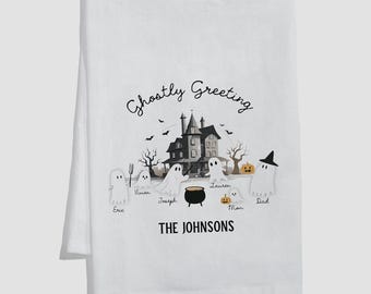 Personalized Ghostly Greetings Halloween Tea Towel – Custom Ghost Names Kitchen Towel – Halloween Housewarming Gift