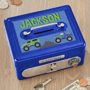 Construction & Monster Trucks Cash Box, Gifts for Kids, Personalized Bank, Birthday Gifts, Kids Gifts, Coin Bank, Money Bank, Kid Bank