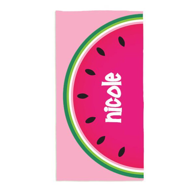 May include: Pink beach towel with a watermelon design and the name "Nicole" in white text.