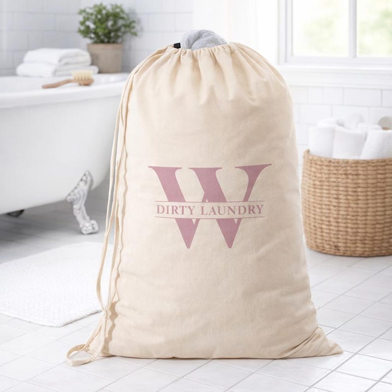 Personalized Canvas Laundry Bag – Custom Monogram Drawstring Storage – Dorm – Apartment Gift Pink