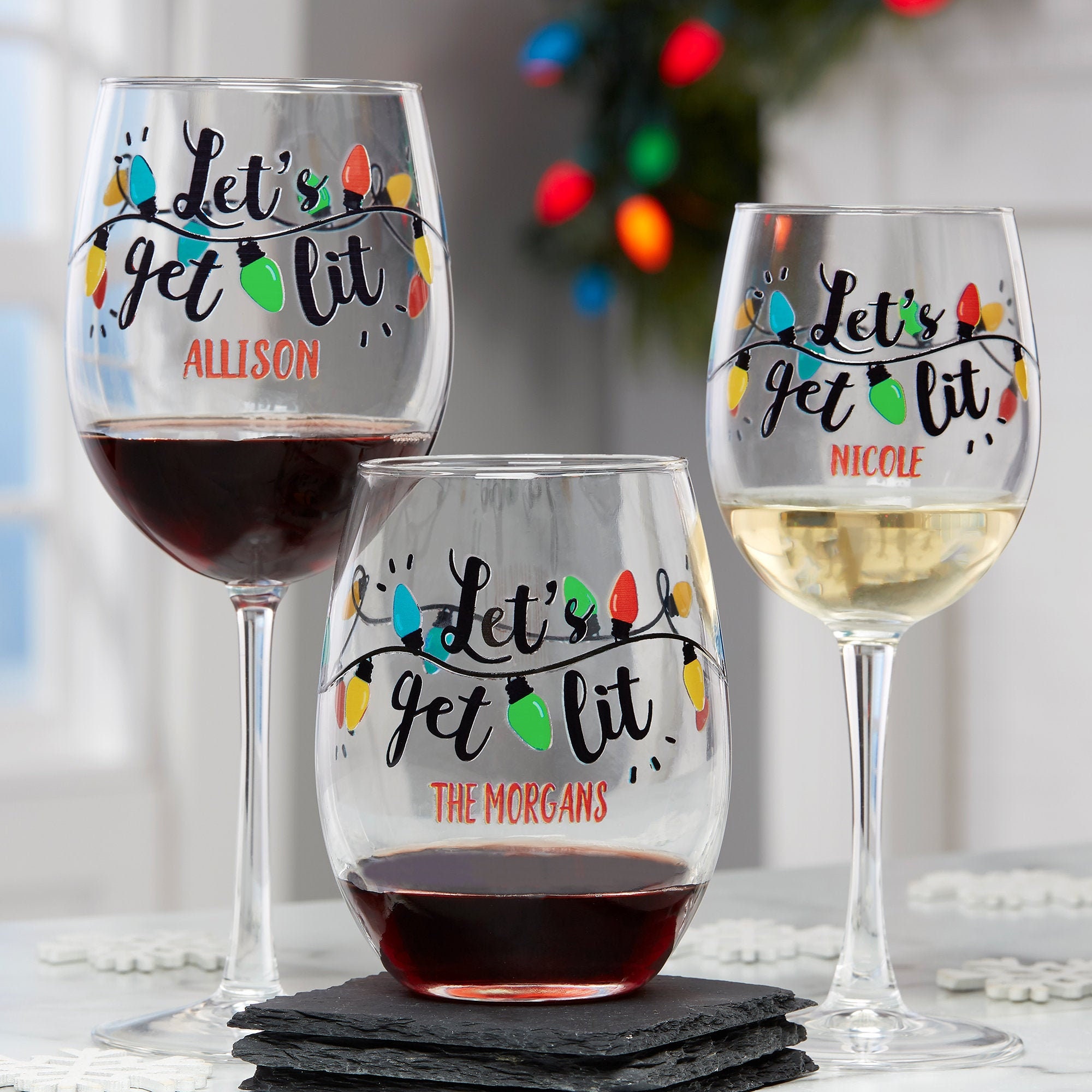 Let's Get Lit Personalized Christmas Wine Glasses Gifts Etsy