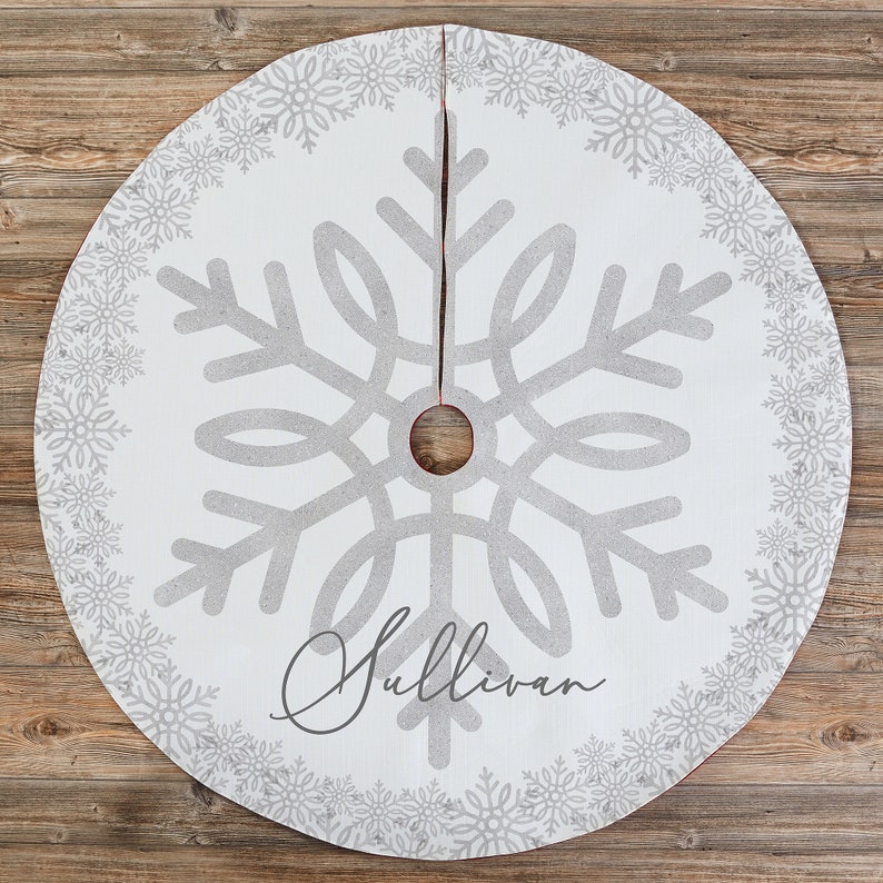 Silver and Gold Snowflake Personalized Tree Skirt - Thumbnail 2