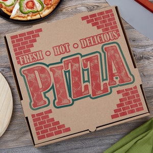 May include: A square brown cardboard pizza box featuring red brick patterns in the corners and the text FRESH HOT DELICIOUS PIZZA printed in large red letters with a dark green outline on the top surface of the container.