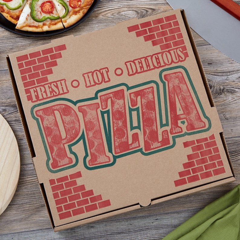 May include: A square brown cardboard pizza box featuring red brick patterns in the corners and the text FRESH HOT DELICIOUS PIZZA printed in large red letters with a dark green outline on the top surface of the container.