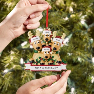 K&ouml;nnte beinhalten: Ein Weihnachtsornament mit einer Rentierfamilie, deren Mitglieder H&uuml;te mit den Namen Anthony, Jack, Megan und Sophia tragen. Das Ornament hat ein Banner mit der Aufschrift "THE THOMPSON FAMILY". Die Rentiere haben rote und gr&uuml;ne Akzente.