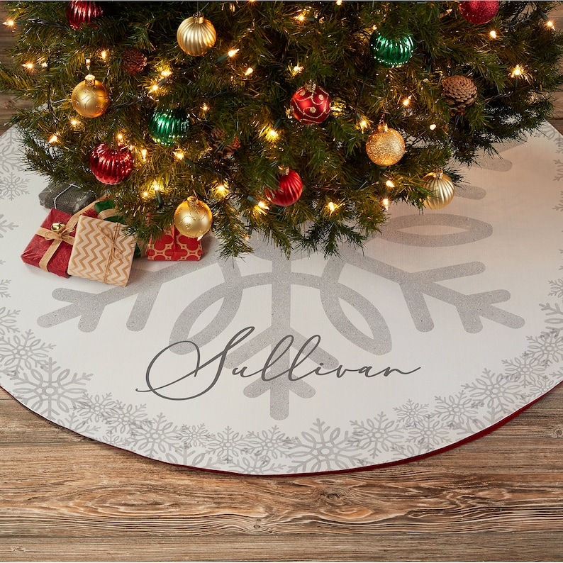 Silver and Gold Snowflake Personalized Tree Skirt