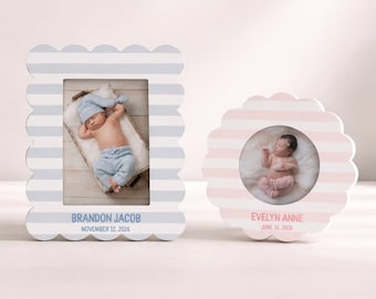 Personalized Baby Picture Frame – Custom Newborn Photo Frame Scallop Edge Nursery Decor – Baby Shower Gift Keepsake Frame