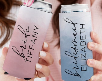 Watercolor Bridesmaid Personalized Wedding Slim Can Cooler, Wedding Favors, Bridesmaid Gifts, Custom Wedding Coozies, Wedding Party Favors