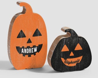 Pick a Face Pumpkin Personalized Wooden Pumpkin – Custom Jack-o’-Lantern Shelf Decor – Fall Themed Halloween Name Pumpkin