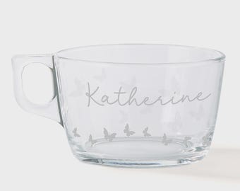 Personalized Butterfly Glass Coffee Mug – Custom Engraved Name Bumble Bee Mug – Clear Jumbo Coffee Cup Gift for Coffee Lovers