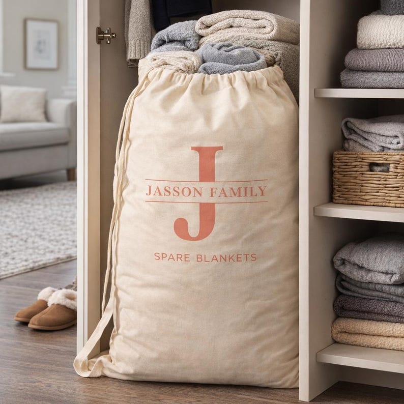 Personalized Canvas Laundry Bag – Custom Monogram Drawstring Storage – Dorm – Apartment Gift Coral