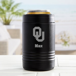 NCAA Oklahoma Sooners Personalized Stainless Insulated Can Holder, Sport Gifts, Personalized Gifts for Dad, Gifts for Him, Beer Gift