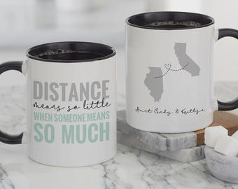 Personalized Long Distance Black 11oz Coffee Mug – Custom State Mug for Couples Friends Family – Love Knows No Distance Gift
