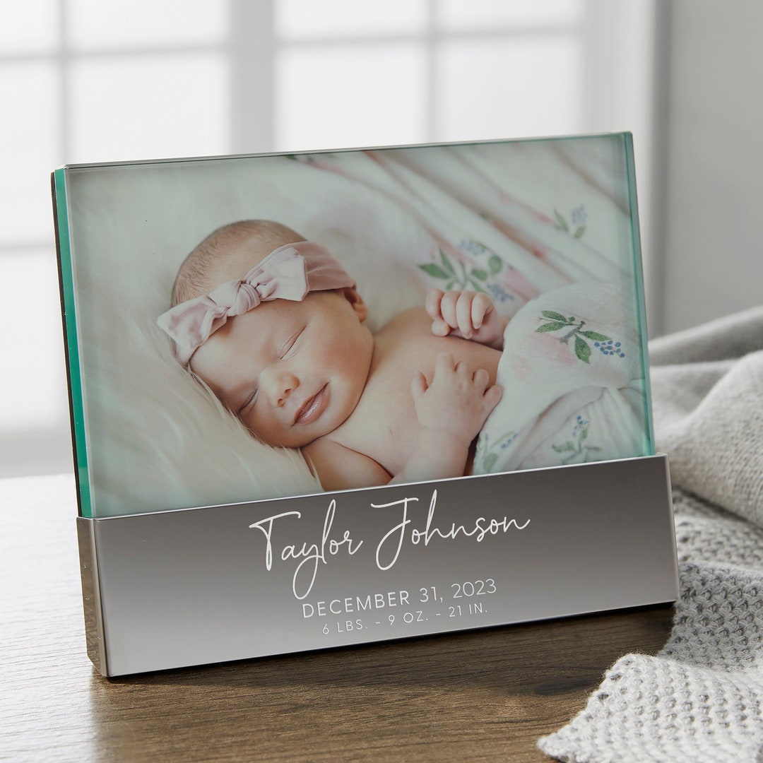 Simple and Sweet Engraved Glass Block Silver Base Picture Baby