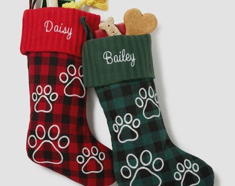 Buffalo Check Paw Prints Red Personalized Dog Christmas Stocking, Family Christmas Stocking, Personalized Stocking, Pet Stocking, Pet Gift
