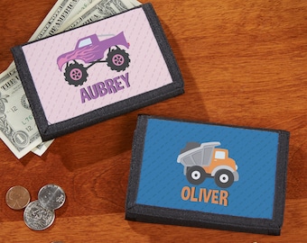 Construction & Monster Trucks Personalized Wallet, Gift for Kids, Custom Wallet, Tri-Fold Wallet, Kids Gift, Tie Dye Wallet, Fast Shipping