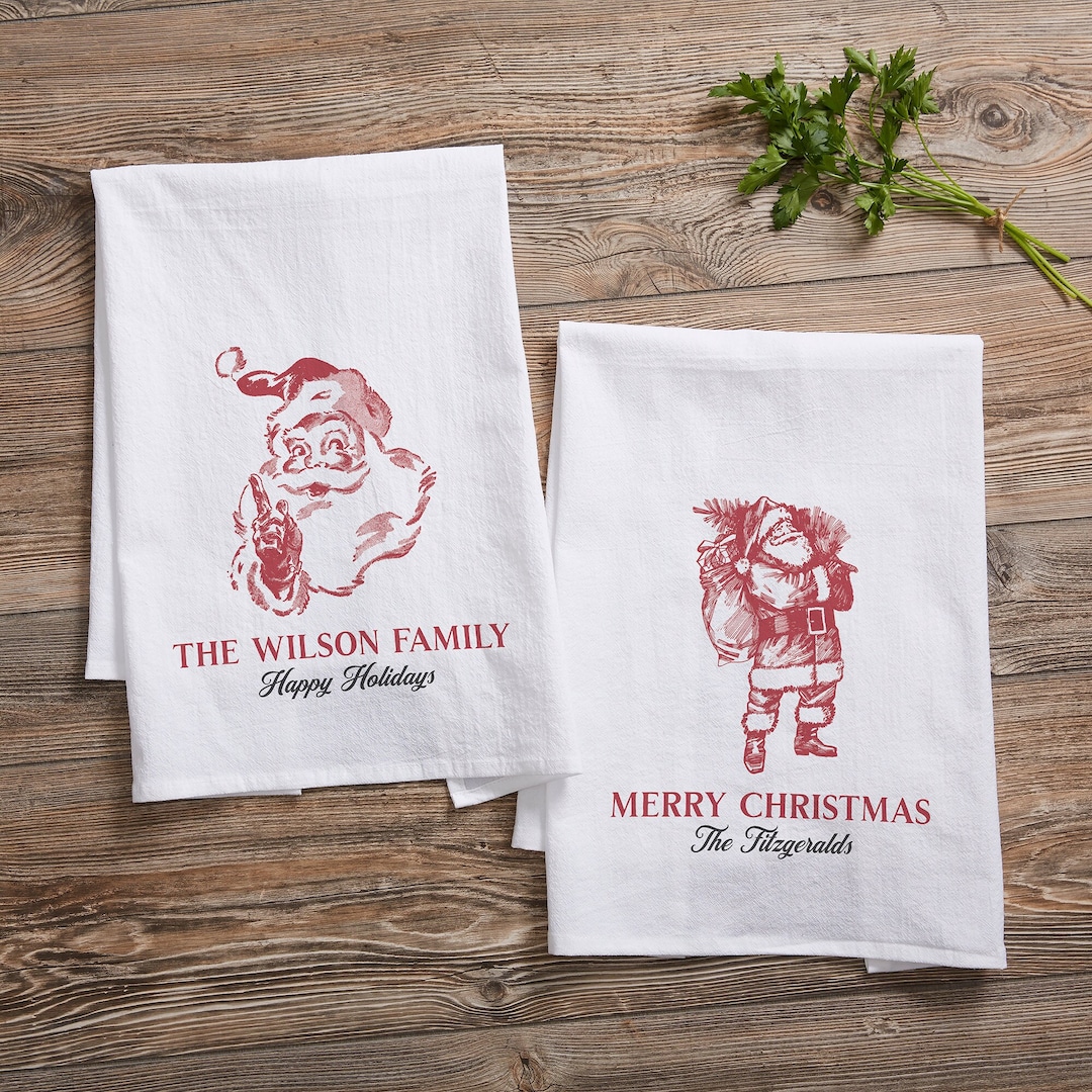 Retro Santa Personalized Christmas Flour Sack Towel, Christmas Decor