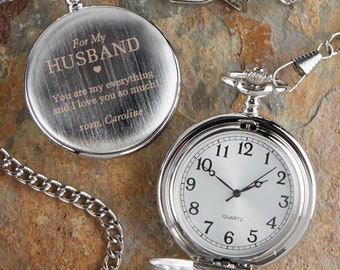 To My Husband Engraved Silver Pocket Watch, Gifts for Him, Groomsmen Gifts, Father's Day Gifts, Personalized Gifts for Dad
