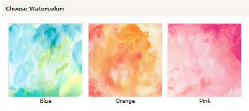 Pu&ograve; includere: Immagine che mostra tre opzioni di acquerello: blu, arancione e rosa. Ogni colore &egrave; presentato in un formato quadrato, mostrando la consistenza e la miscela dei colori ad acquerello. Il testo "Choose Watercolor:" &egrave; in alto.