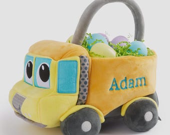 Embroidered Construction Truck Easter Basket – Custom Easter Toy Basket for Kids – Personalized Easter Basket – My First Easter Baby Basket