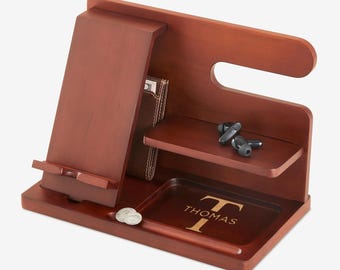 Personalized Wood Docking Station – Cognac Stained Nightstand Organizer