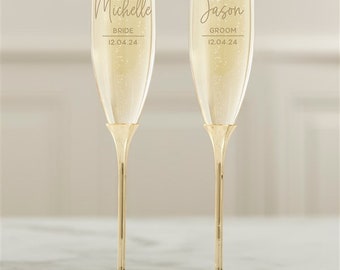 Personalized Gold Champagne Flute Set – Custom Engraved Wedding Toasting Glasses – Modern Bride and Groom Wedding Gift