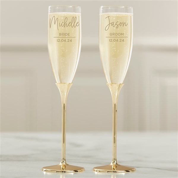Personalized Gold Champagne Flute Set – Custom Engraved Wedding Toasting Glasses – Modern Bride and Groom Wedding Gift