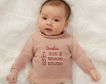 Birth Info Embroidered Baby Sweater, Personalized Sweater for Kids, Baby Clothes, Childrens Clothes, Baby Measurements Sweater, Gift for Kid