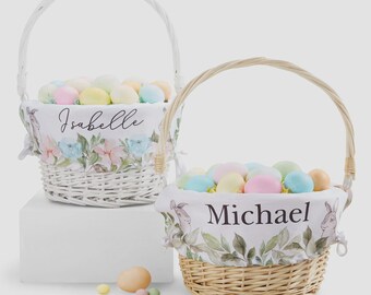 Personalized Floral Bunny Easter Basket – Embroidered Kids Name Easter Bunny Basket – Custom Printed Children's Easter Egg Hunt Basket