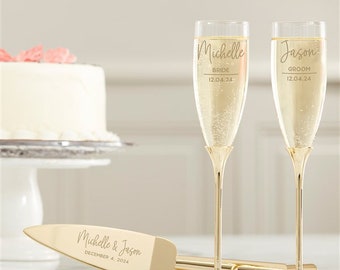 Modern Engraved Gold Cake Knife & Server OR Flute Set, Wedding, Custom Cake Serving Set, Gifts for Wedding, Wedding Cakes, Newlyweds, Flutes