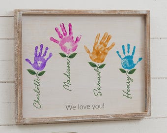 Personalized Handprint Art – Custom Family Barnwood Frame – DIY Grandparents Keepsake