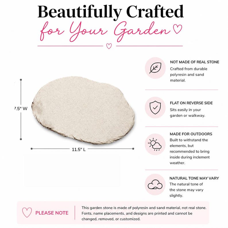 May include: A beige garden stone, 11.5 inches long and 7.5 inches wide, with an irregular shape. The text "Beautifully Crafted for Your Garden" is at the top. Made of polyresin and sand, it is designed for outdoor use.