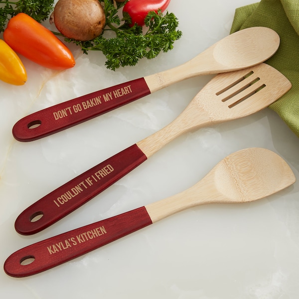 Personalized Red-Handled Bamboo Cooking Utensils 3 Piece Set, Gifts for Home, Housewarming Gift, Christmas Gift, Mother's Day Gift