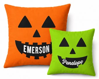 Personalized Name Halloween Throw Pillow – Custom Pumpkin Velvet Pillow for Bedroom – Kids Fall Jack O Lantern Bedroom Decor