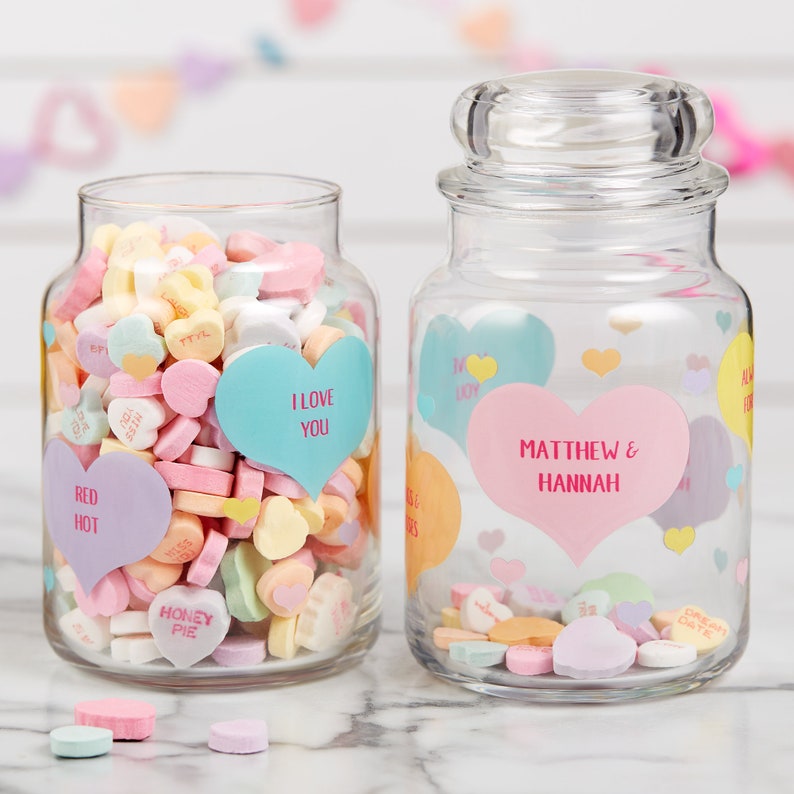 Conversation hearts personalized candy jar makes a romantic gift for men on valentines day