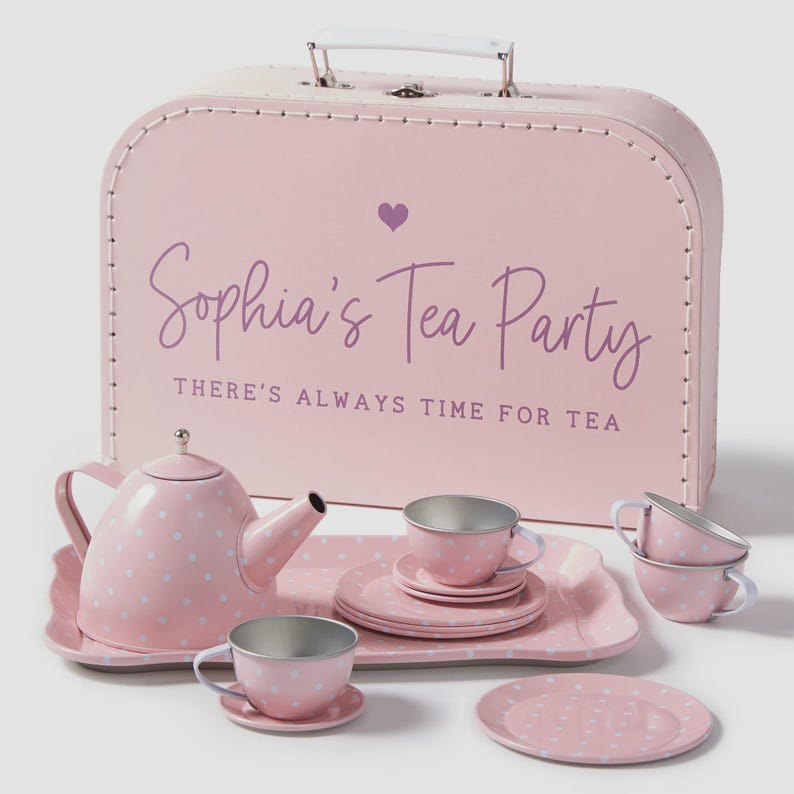 Personalized 15 pc. Pink Polka Dot Tea Set – Personalized Toys for Kids – Personalized Kid Gift – birthday gift for girls – custom tea set image 1