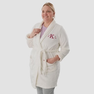 Personalized White Fleece Robe for Women – Embroidered Short Spa Bathrobe – Bridal Getting Ready Robe – Cozy Lounge Robe image 5