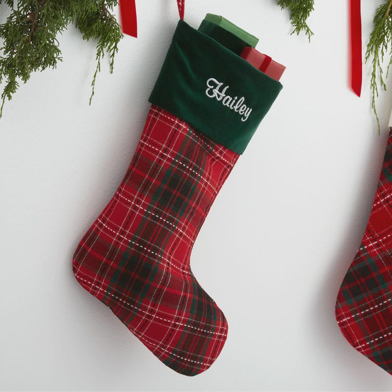 Holiday Plaid Personalized Stockings, Custom Stockings, Personalized Holiday Stocking, Embroidered Stocking, Christmas Decor, Gifts for Xmas image 4