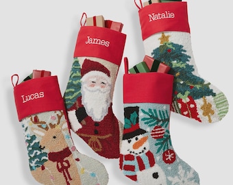 Classic Embroidered Hooked Christmas Stocking, Family Christmas Stocking, Personalized Christmas Stockings, Custom Holiday Stockings