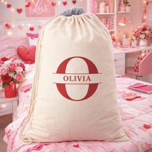 Personalized Canvas Laundry Bag – Custom Monogram Drawstring Storage – Dorm – Apartment Gift Red