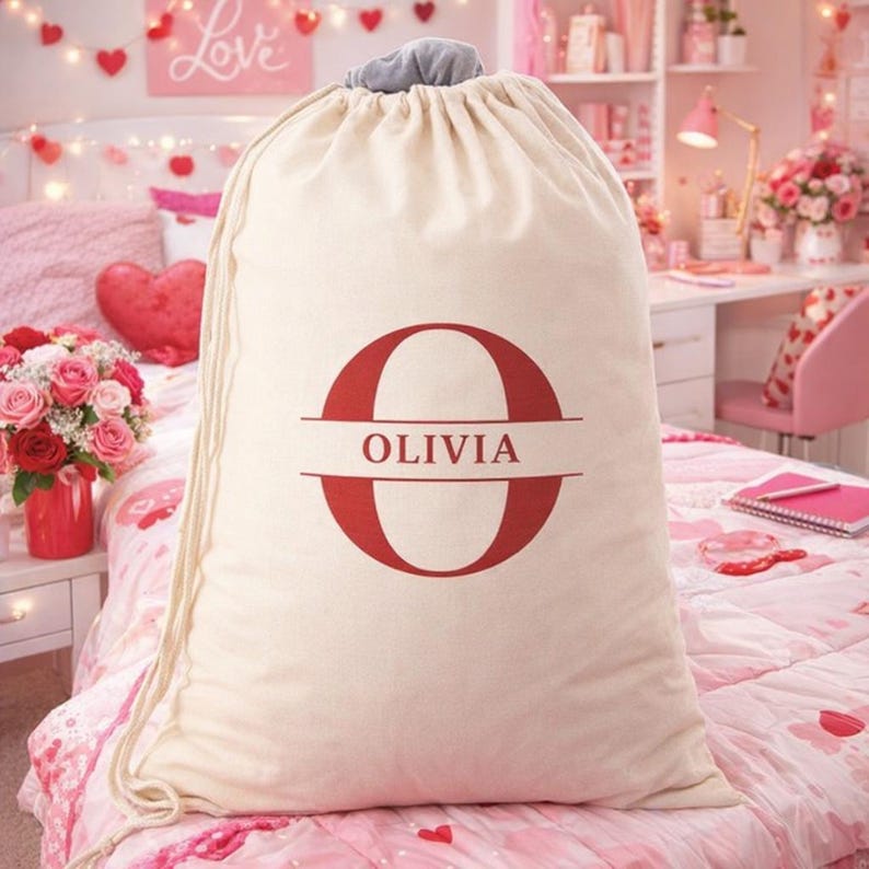 Personalized Canvas Laundry Bag – Custom Monogram Drawstring Storage – Dorm – Apartment Gift Red