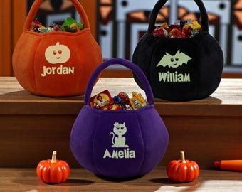 Glow-in-the-Dark Personalized Halloween Plush Treat Bag – Custom Trick or Treat Bag for Kids – Spooky Pumpkin Candy Basket