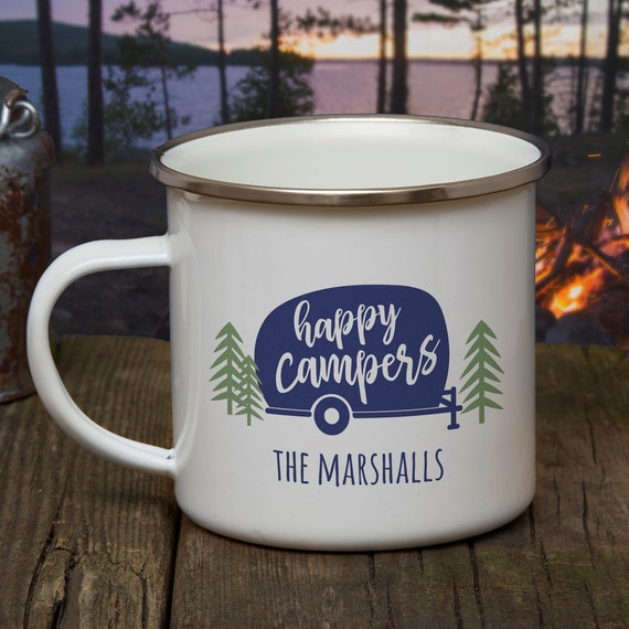 Personalized Camping Mug – Happy Camper Design – 12oz Enamel Coated Stainless Steel