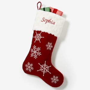 Personalized Burgundy Velveteen Snowflake Christmas Stocking – Faux Fur Cuff