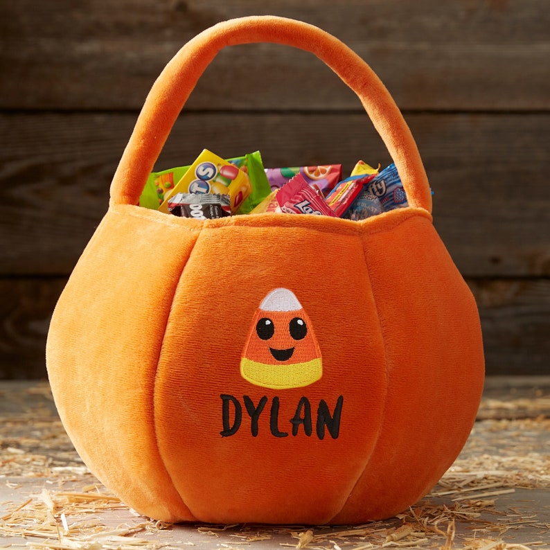 Candy Corn Embroidered Orange Plush Halloween Treat Bag, Trick or Treat Bag, Halloween Bags, Easter Basket, Candy Basket, Custom Halloween image 1